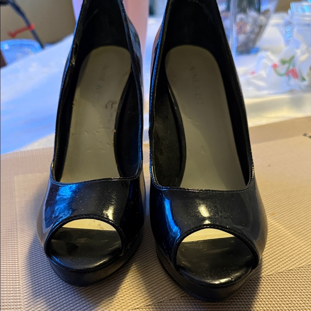 Nine West Glossy Black Peep-Toe Heels